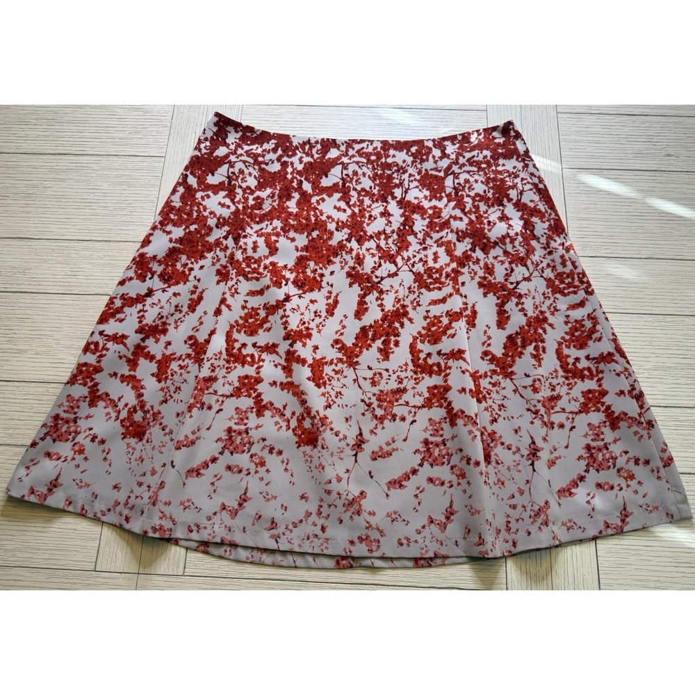 The Limited Tan Red Cherry Blossom Print Lined‎ Skirt Zip Close Sz L 22" Length